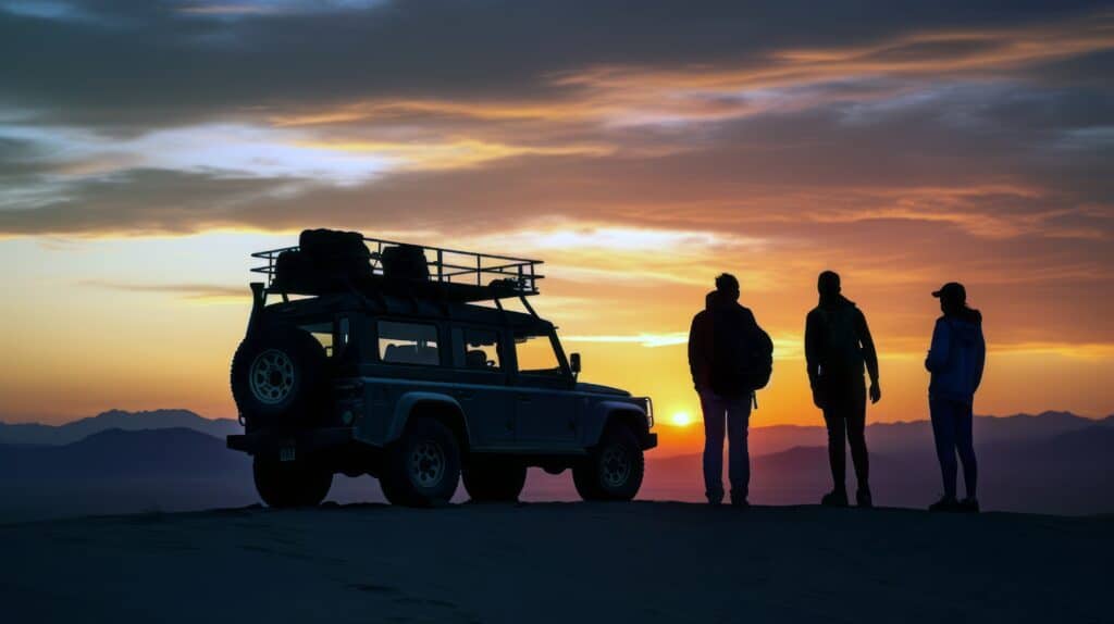 Adventure enthusiasts enjoying an evening desert safari with sand dunes and a vibrant sunset in the background